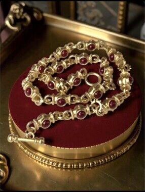 Matte Gold Byzantine Revival Garnet Cabochon Toggle Necklace